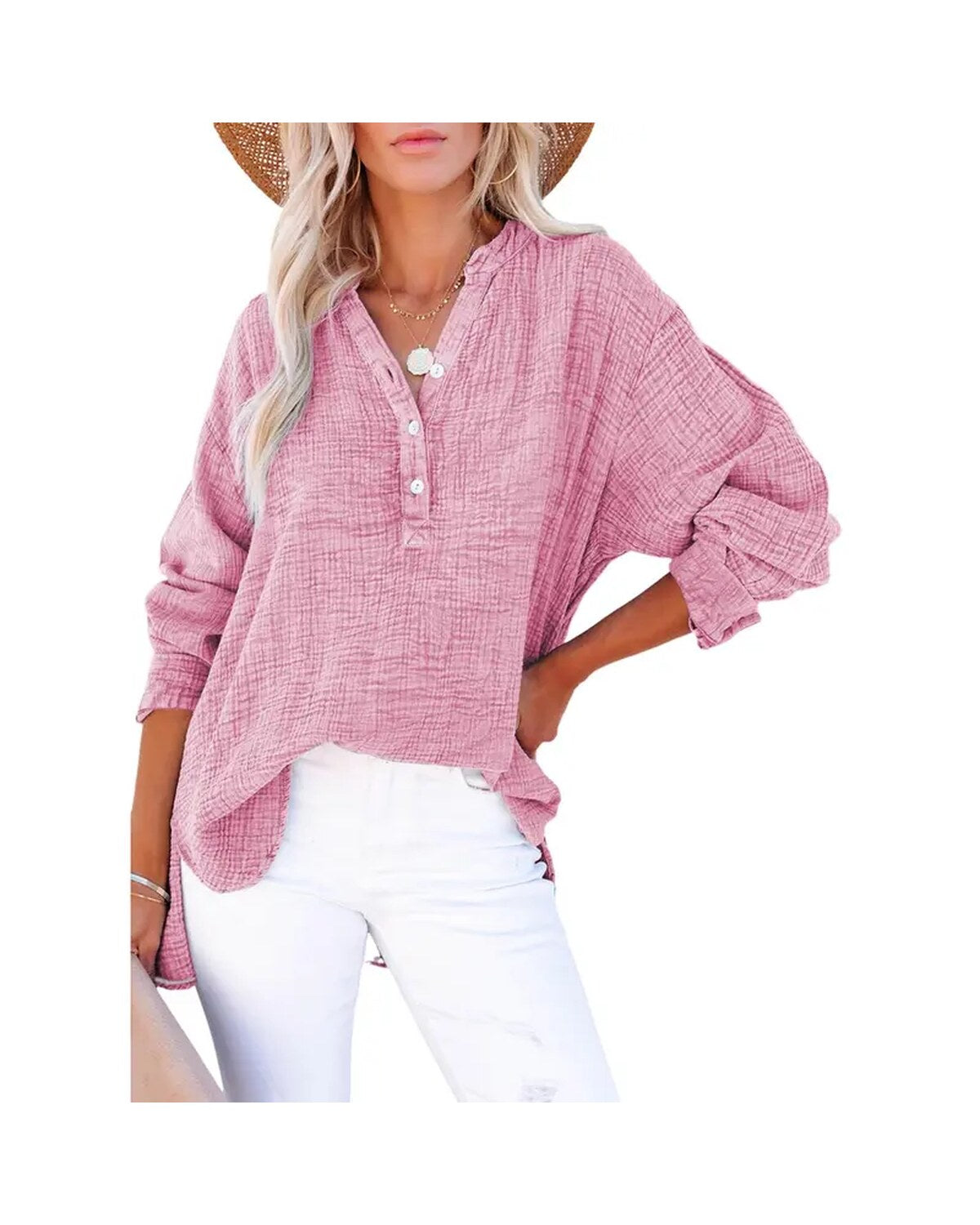 Womens Casual Button V Neck Long Sleeve Shirts Oversized Solid Blouses Tops