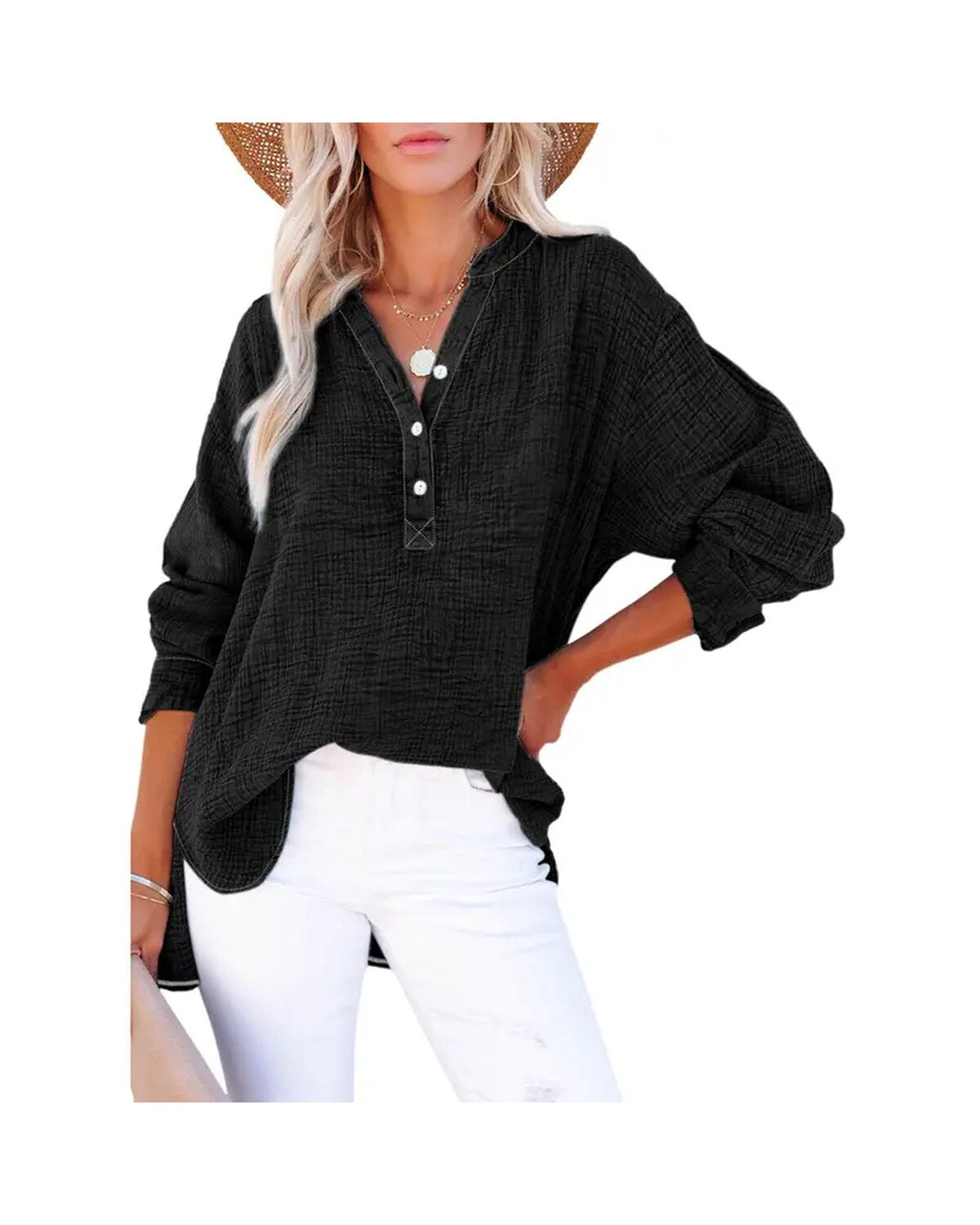 Womens Casual Button V Neck Long Sleeve Shirts Oversized Solid Blouses Tops