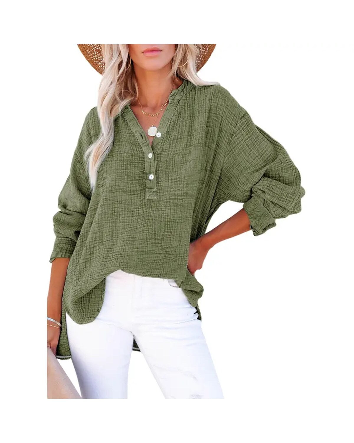Womens Casual Button V Neck Long Sleeve Shirts Oversized Solid Blouses Tops