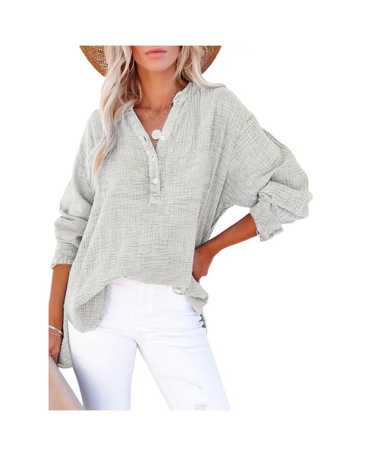 Womens Casual Button V Neck Long Sleeve Shirts Oversized Solid Blouses Tops