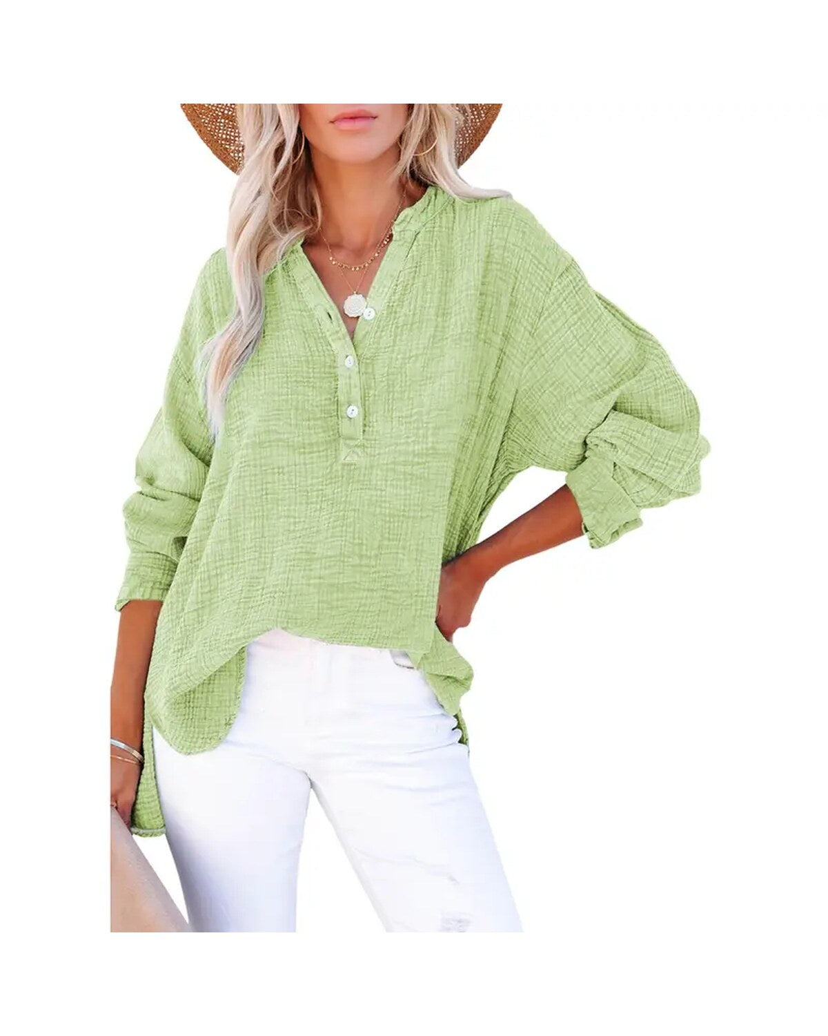 Womens Casual Button V Neck Long Sleeve Shirts Oversized Solid Blouses Tops