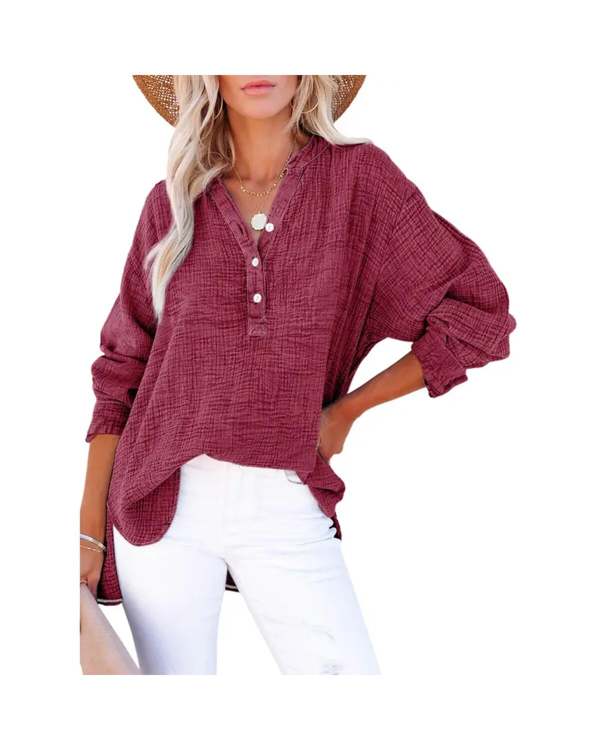 Womens Casual Button V Neck Long Sleeve Shirts Oversized Solid Blouses Tops