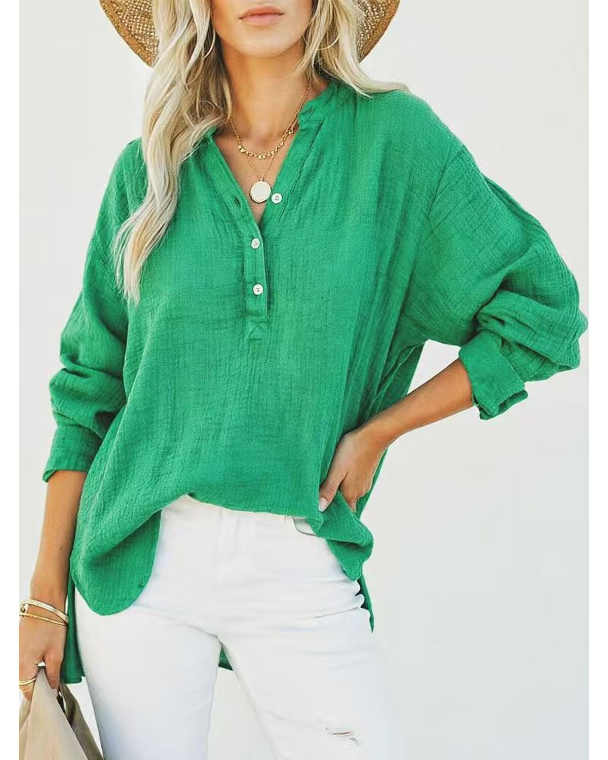 Womens Casual Button V Neck Long Sleeve Shirts Oversized Solid Blouses Tops