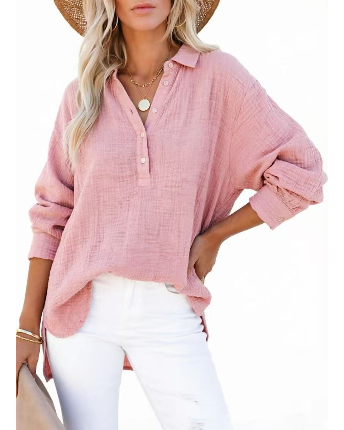 Womens Casual Button V Neck Long Sleeve Shirts Oversized Solid Blouses Tops