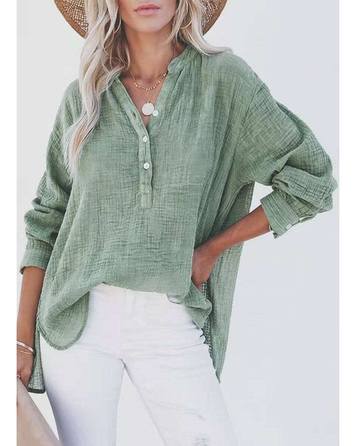 Womens Casual Button V Neck Long Sleeve Shirts Oversized Solid Blouses Tops