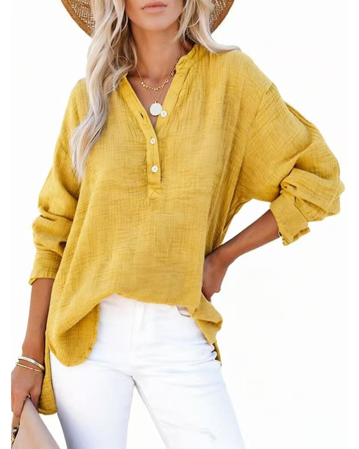 Womens Casual Button V Neck Long Sleeve Shirts Oversized Solid Blouses Tops