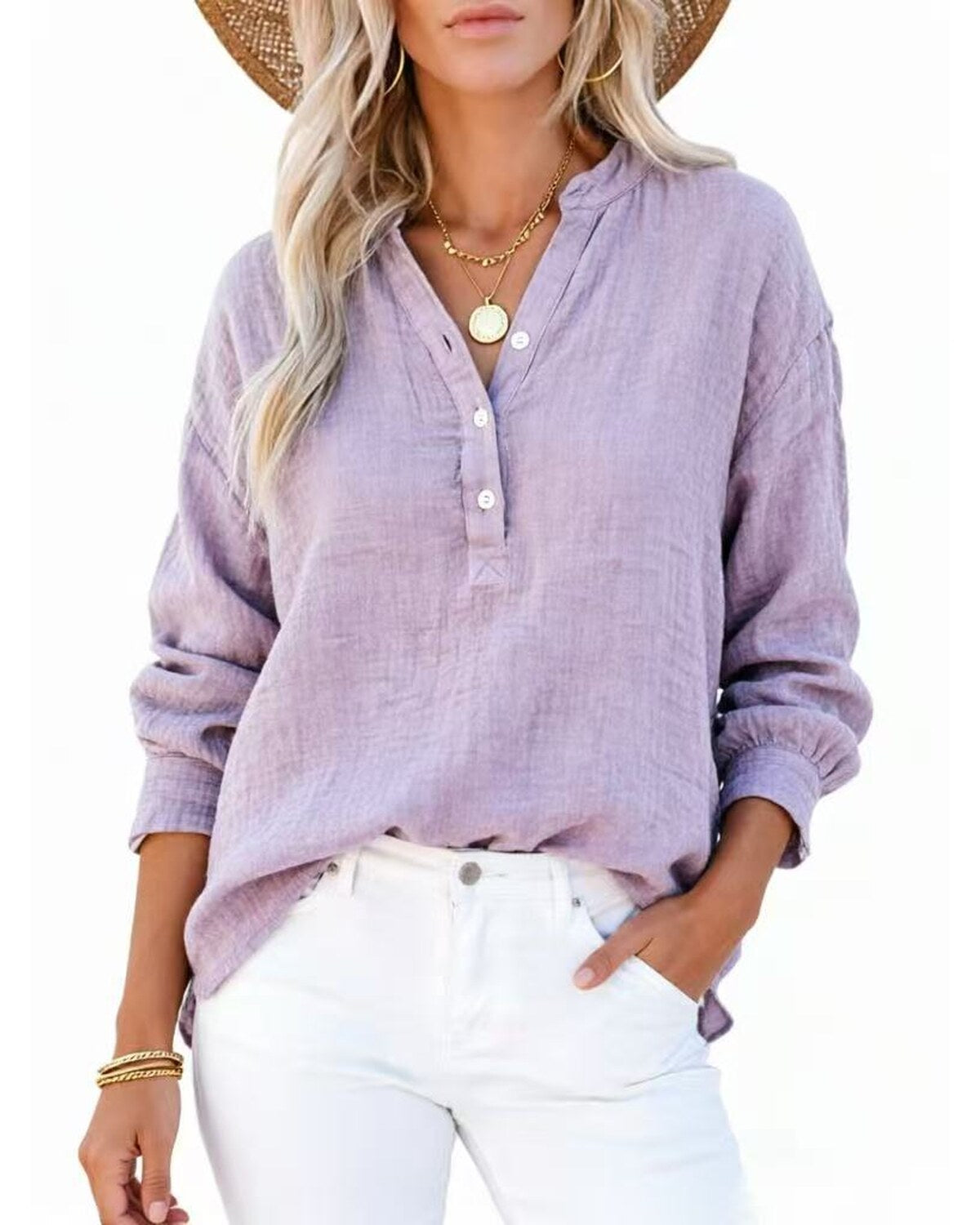 Womens Casual Button V Neck Long Sleeve Shirts Oversized Solid Blouses Tops