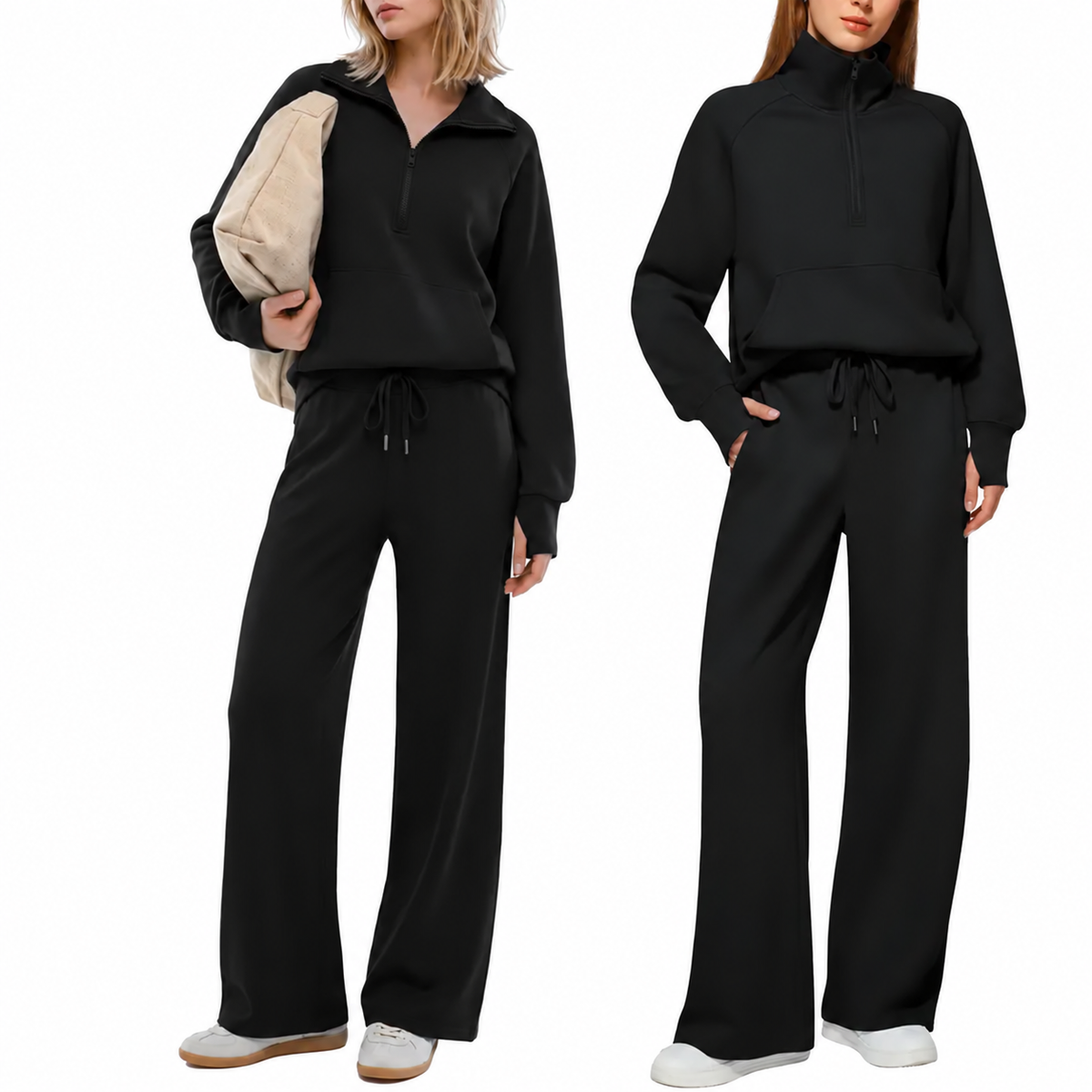 Women's 2-Piece Chic Ribbed Silk-Like Loungewear Set - Drop-Shoulder Oversized Half-Zip Pullover Top with Thumbholes, High-Waist Wide-Leg Pants (Skim, Not Hug) - Fitness & Outdoor Travel Essentials