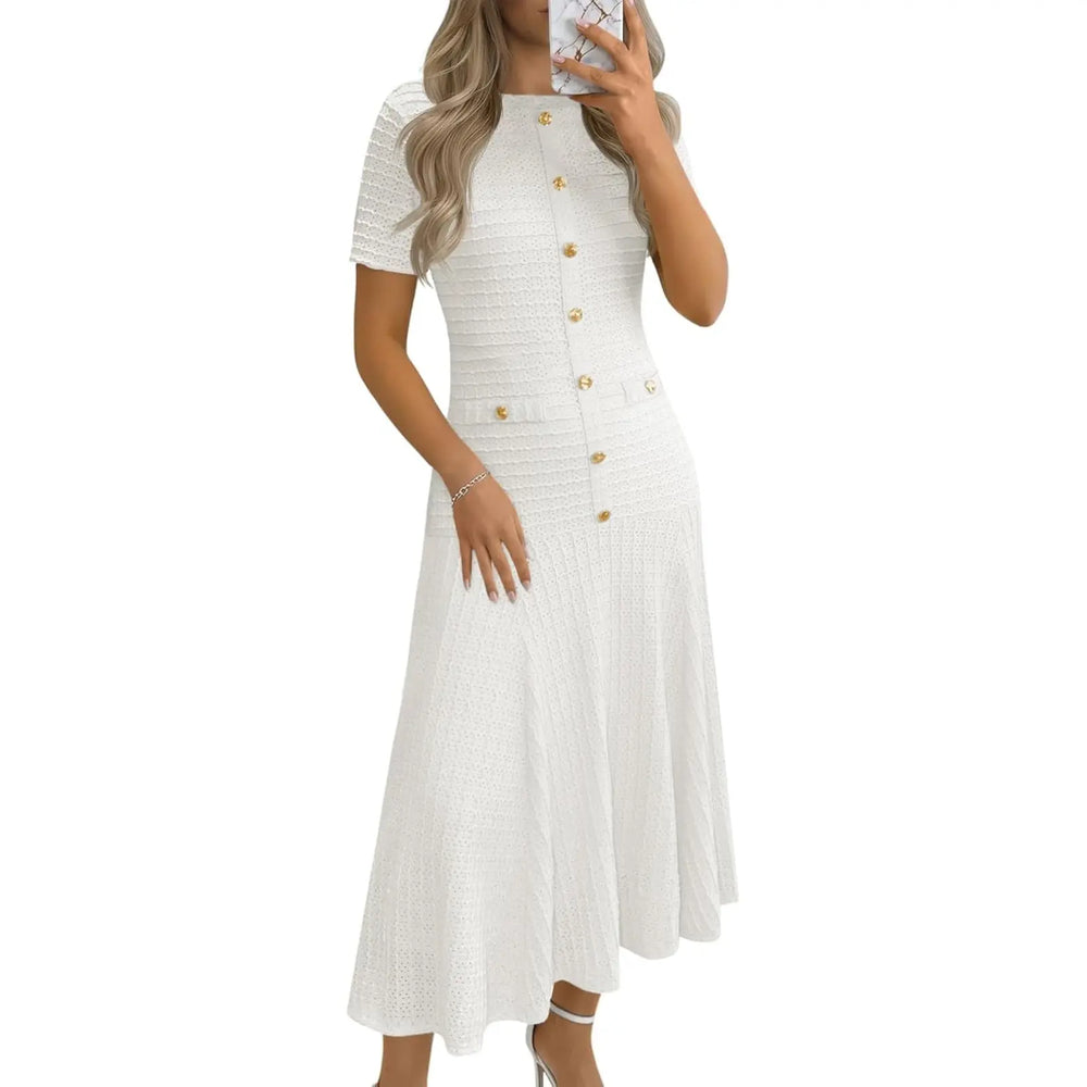 Women’s Textured Gold-Button A-Line Midi Dress – Elegant & Flattering