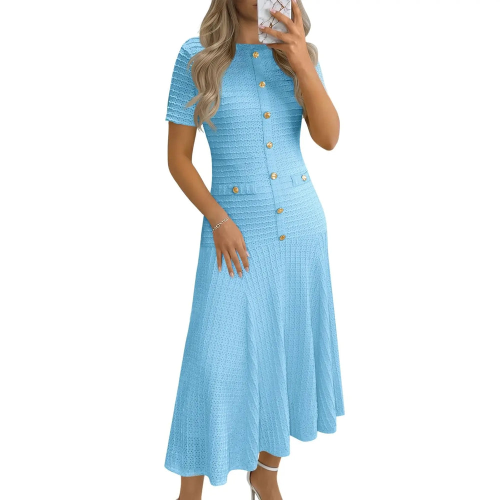 Women’s Textured Gold-Button A-Line Midi Dress – Elegant & Flattering