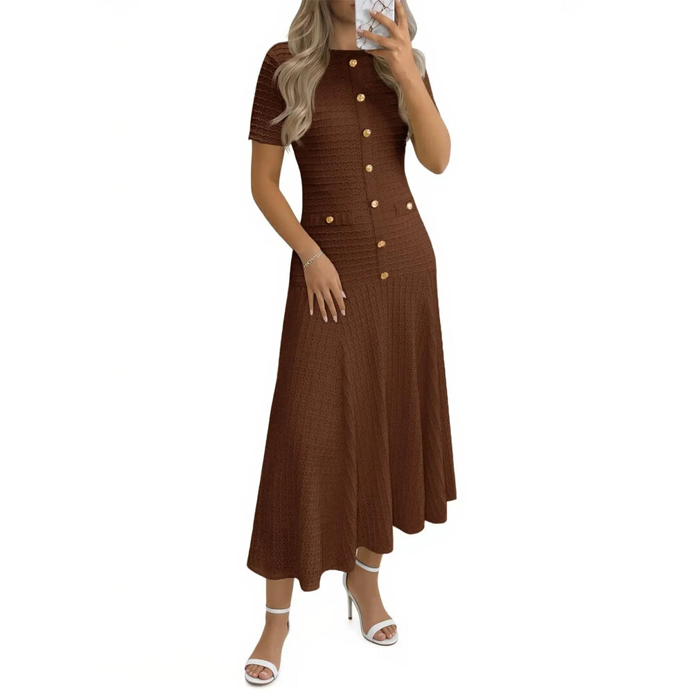 Women’s Textured Gold-Button A-Line Midi Dress – Elegant & Flattering