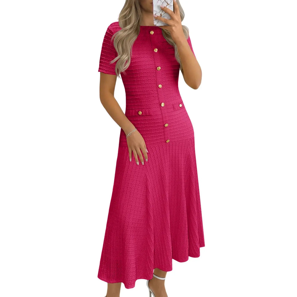 Women’s Textured Gold-Button A-Line Midi Dress – Elegant & Flattering