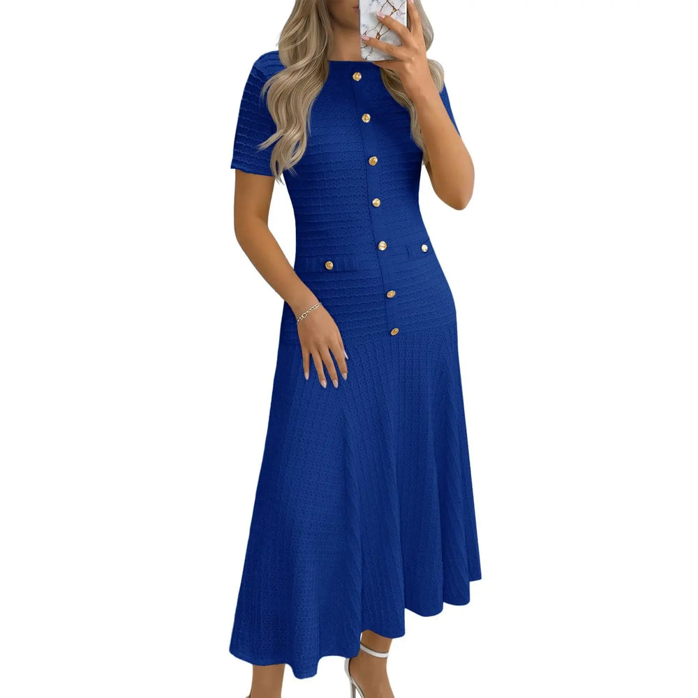Women’s Textured Gold-Button A-Line Midi Dress – Elegant & Flattering