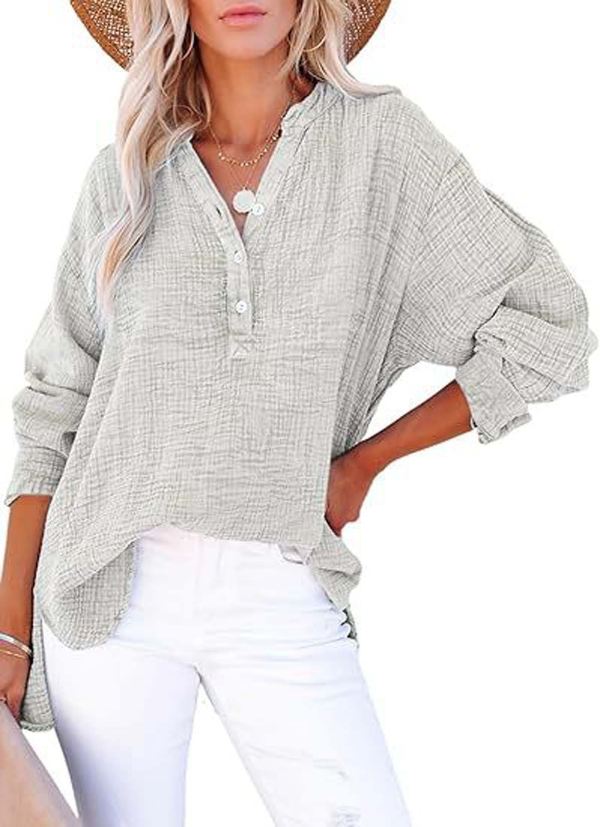 Women's Textured V-Neck Button Long Sleeve Blouse – Relaxed High-Low Fit in Light Gray