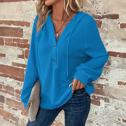 Women's Waffle Knit V-Neck Button Hoodie Top - product image 4