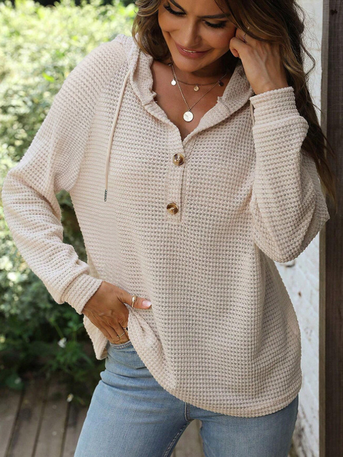 Women's Waffle Knit V-Neck Button Hoodie Top - product image 14