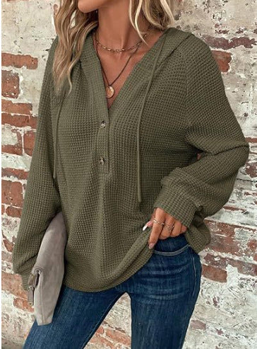 Women's Waffle Knit V-Neck Button Hoodie Top - product image 17