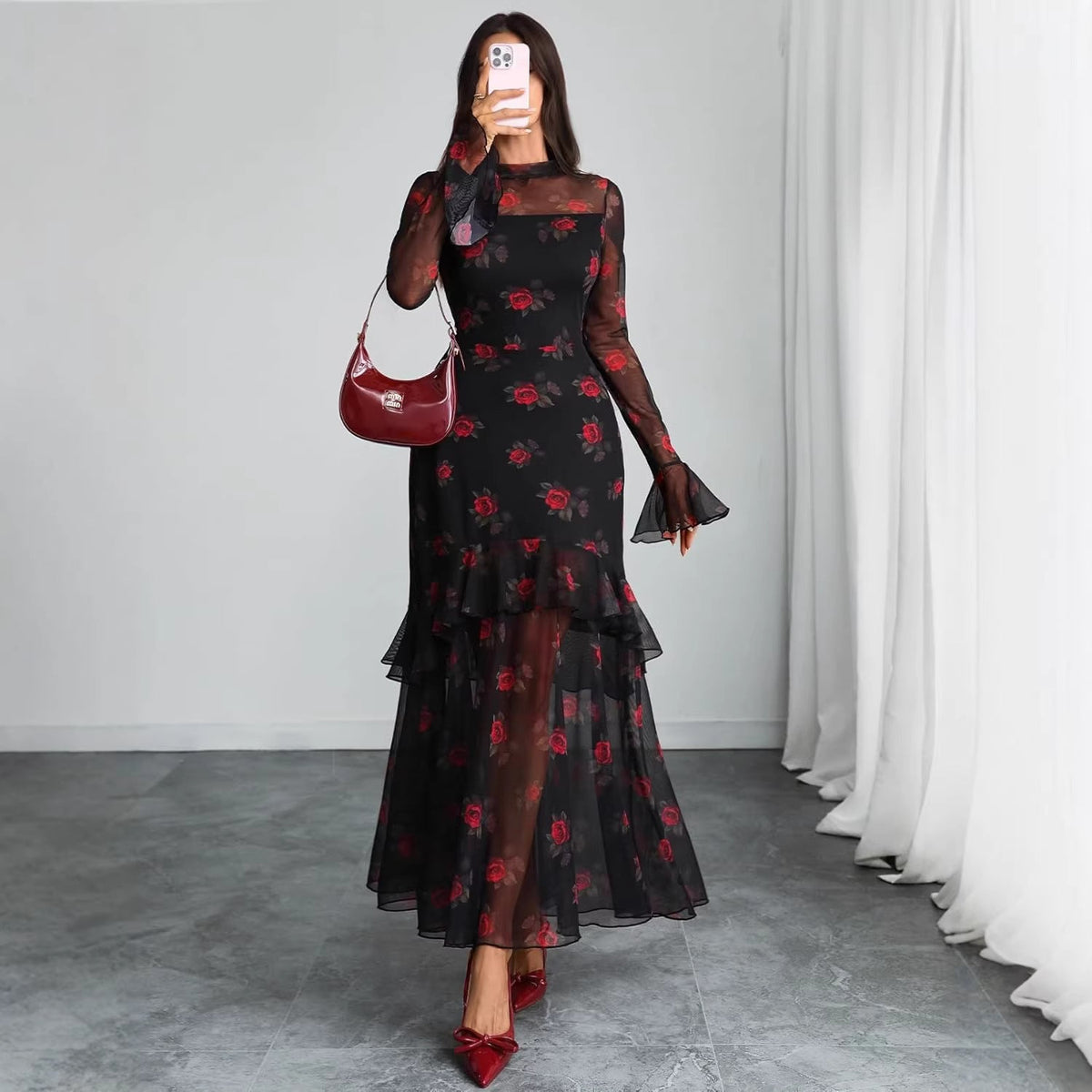 Women’s Floral Mesh Long Sleeve Ruffle Maxi Dress