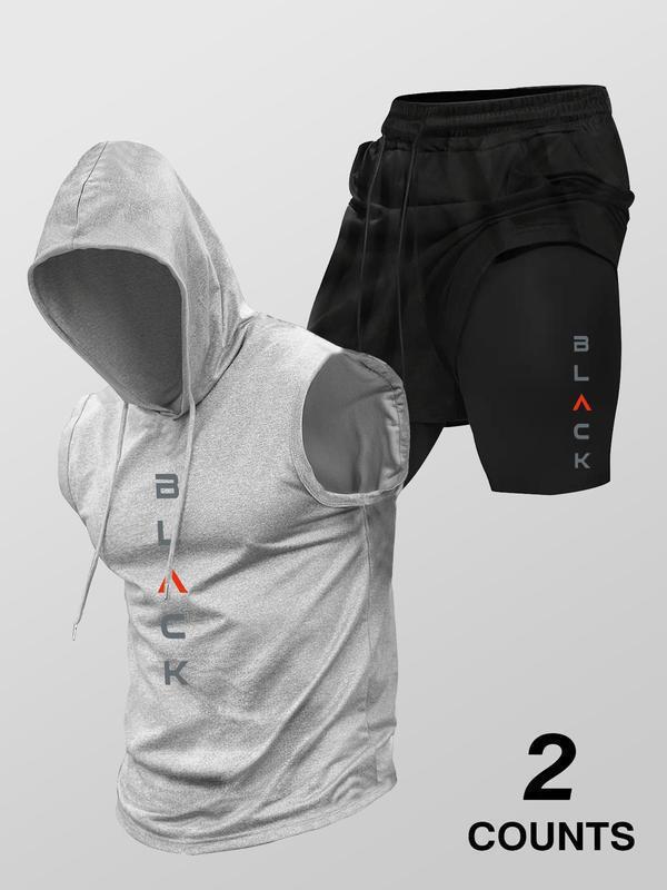 Men’s Sleeveless Hooded Workout Set – Layered Drawstring Shorts Two-Piece Activewear