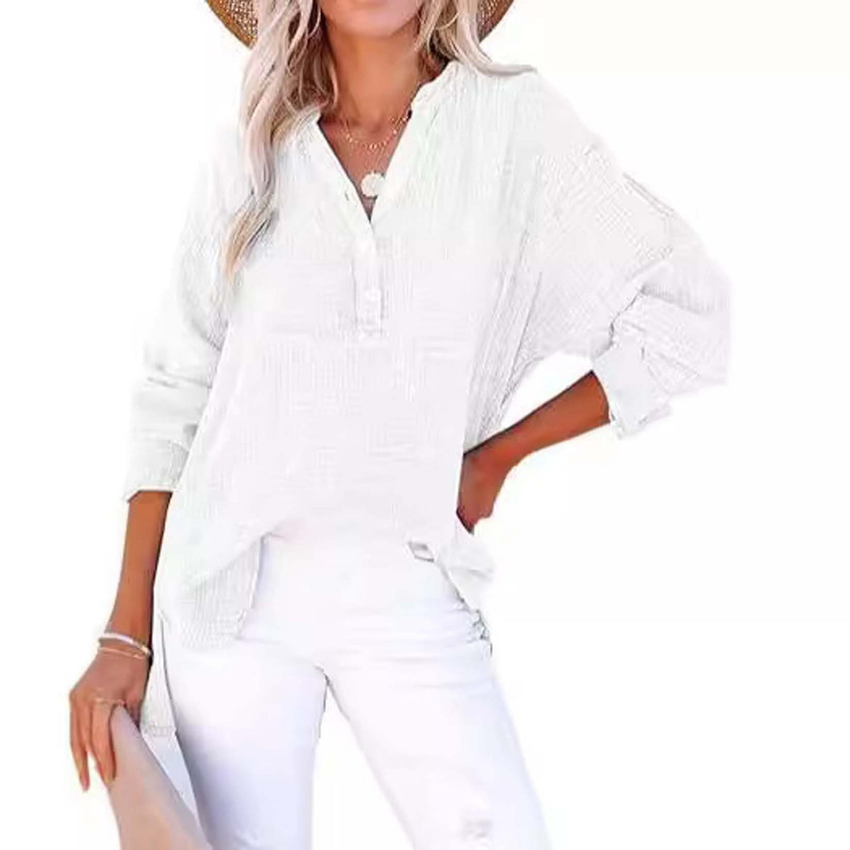 Women's Textured V-Neck Button Long Sleeve Blouse – Relaxed High-Low Fit in White