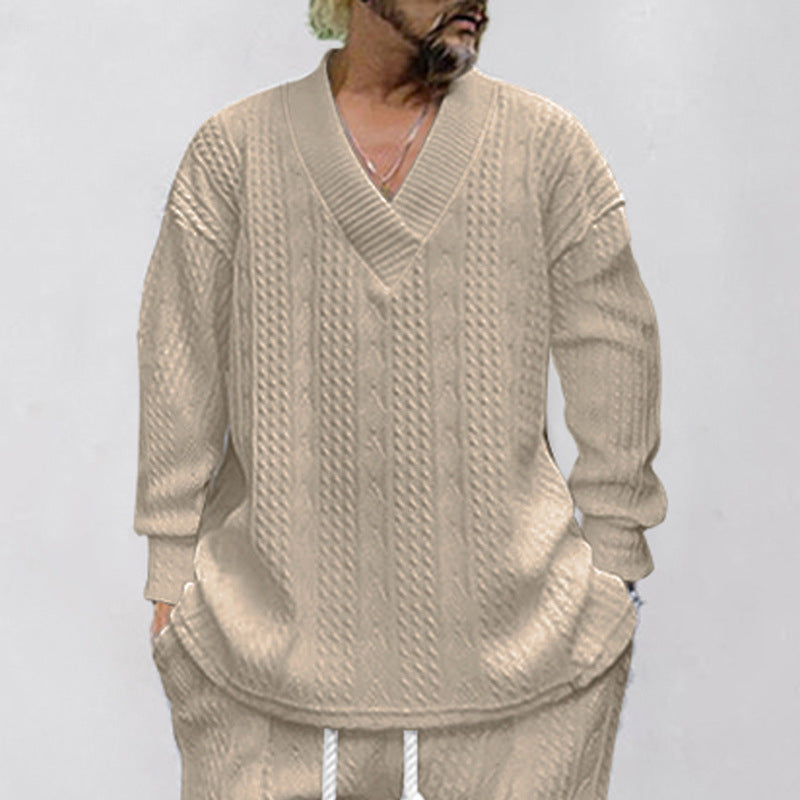Men's Luxury Cable Knit V-Neck Set – Premium Casual Two Piece Outfit