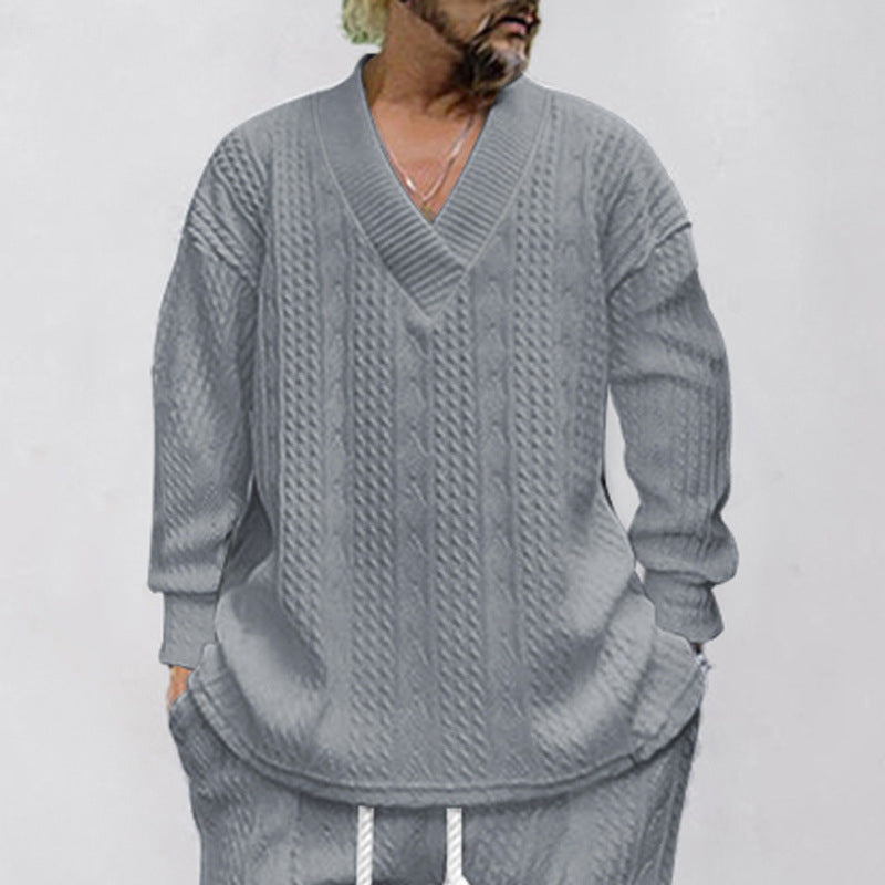 Men's Luxury Cable Knit V-Neck Set – Premium Casual Two Piece Outfit