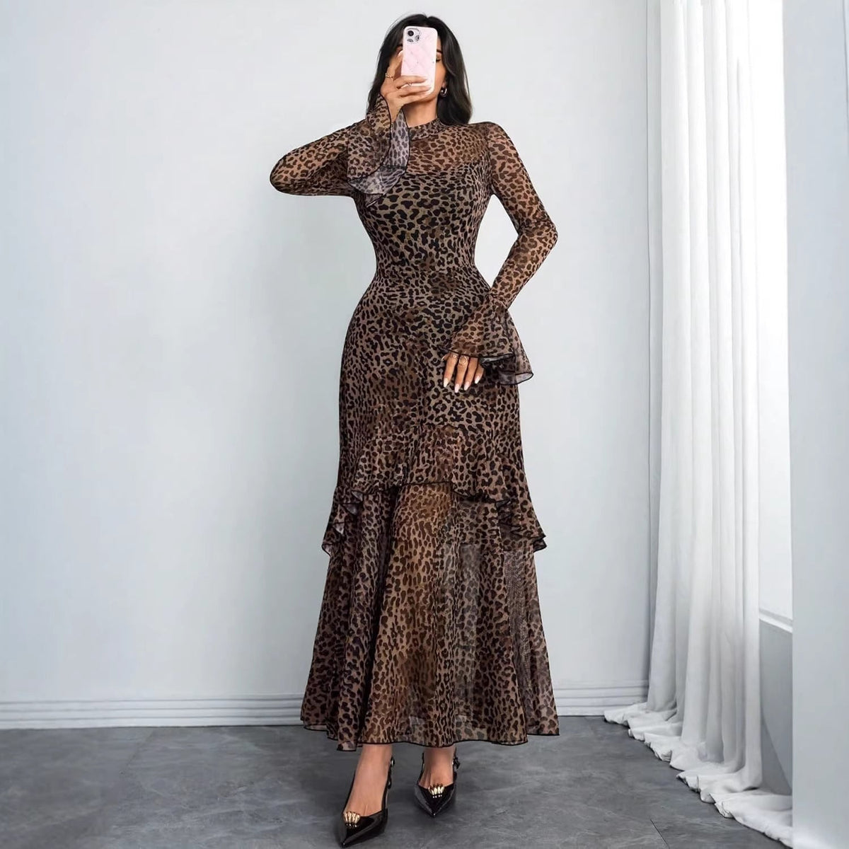 Women’s Floral Mesh Long Sleeve Ruffle Maxi Dress