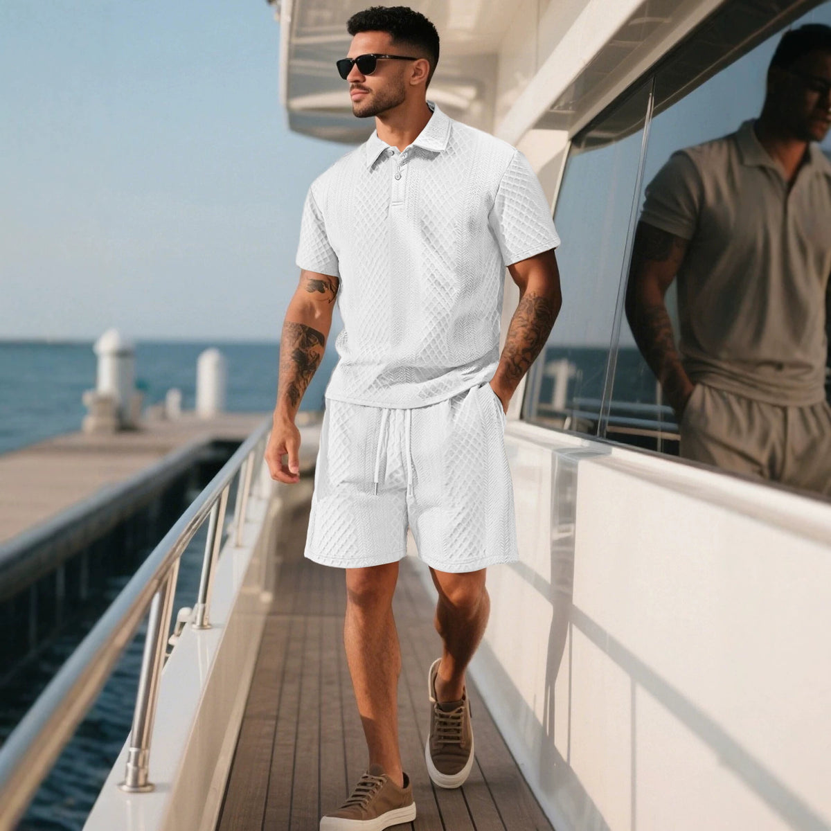 Men’s Textured Jacquard Polo Shirt & Shorts Set – Casual Two-Piece Outfit