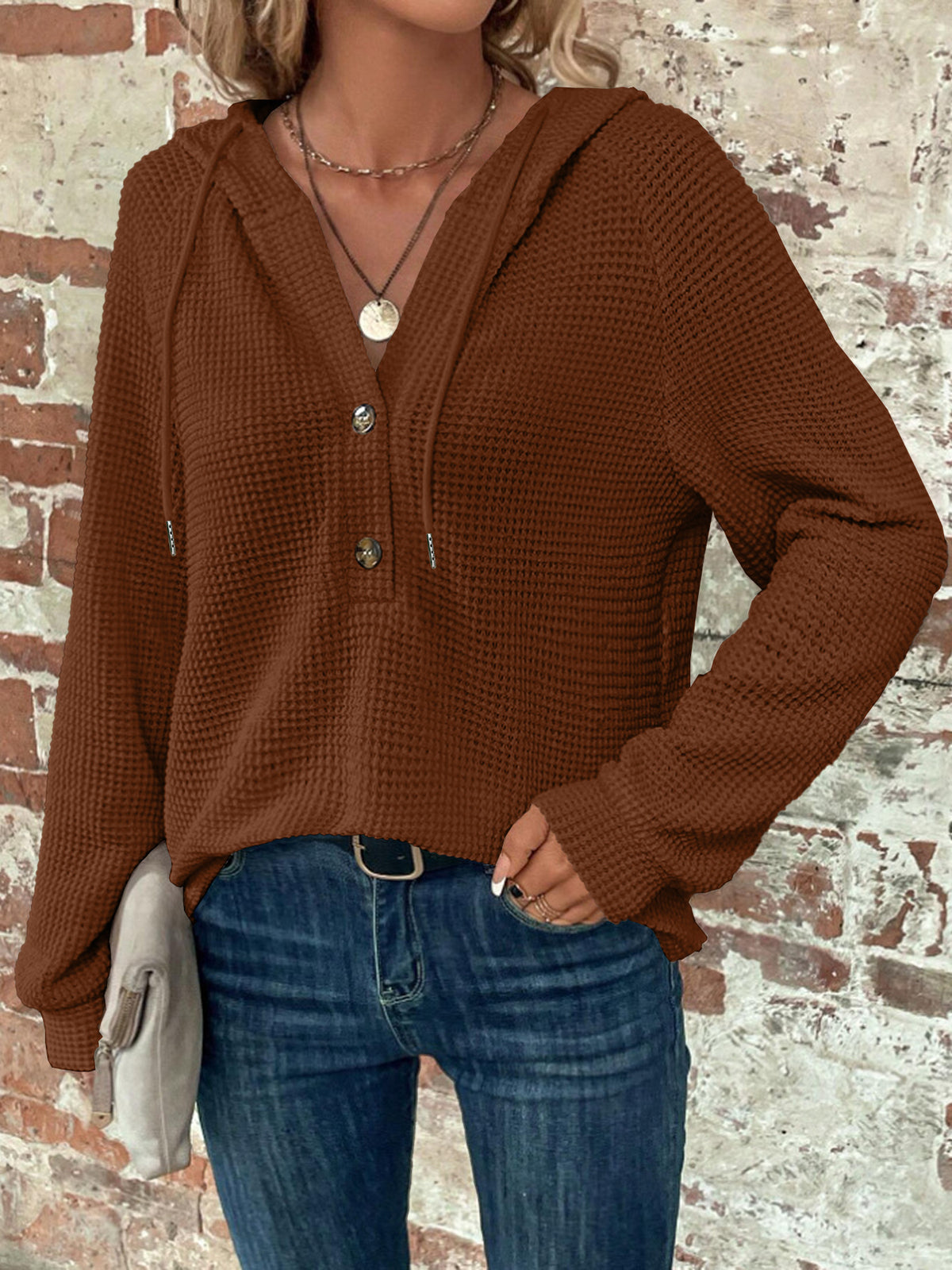 Women's Waffle Knit V-Neck Button Hoodie Top - product image 13