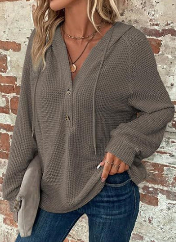 Women's Waffle Knit V-Neck Button Hoodie Top - product image 18