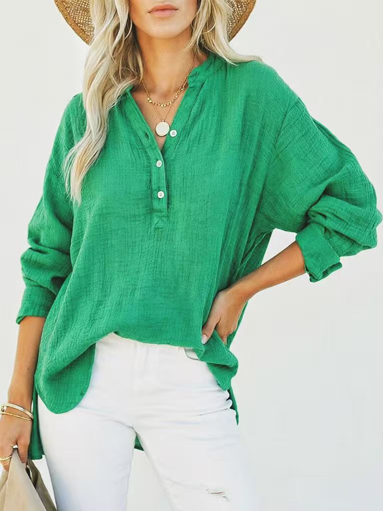 Women's Textured V-Neck Button Long Sleeve Blouse – Relaxed High-Low Fit in Emerald Green