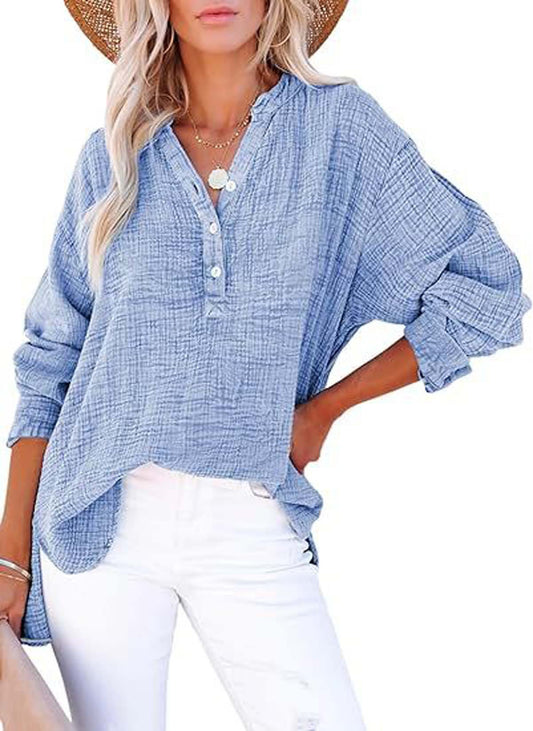 Women's Textured V-Neck Button Long Sleeve Blouse – Relaxed High-Low Fit in Sky Blue
