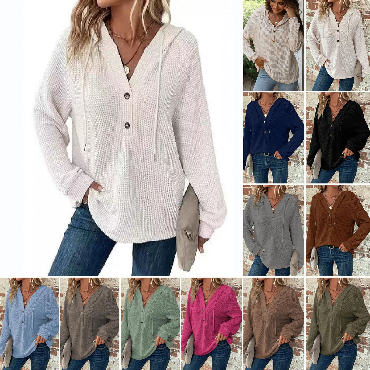 Women's Waffle Knit V-Neck Button Hoodie Top - product image 1