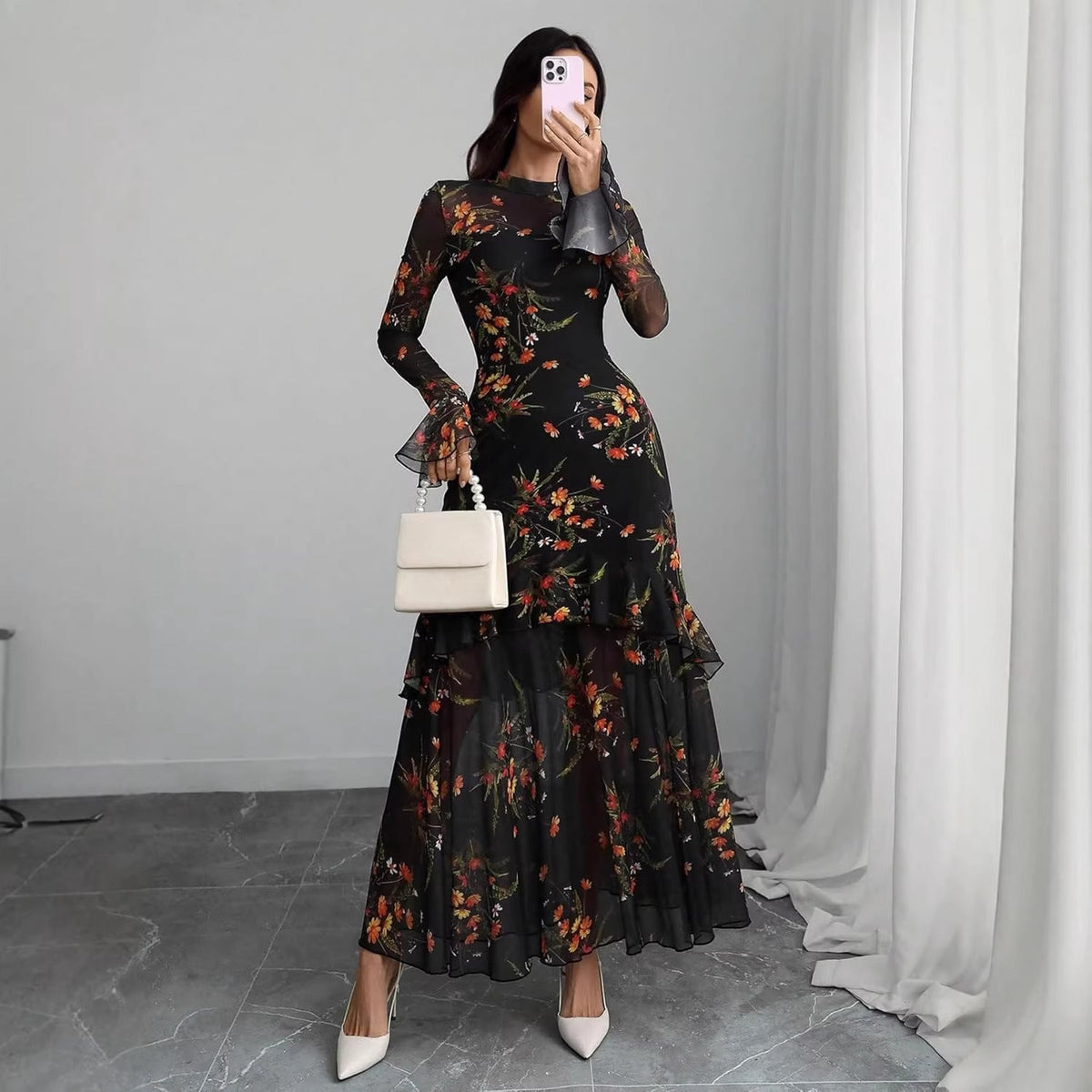 Women’s Floral Mesh Long Sleeve Ruffle Maxi Dress