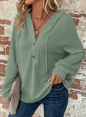 Women's Waffle Knit V-Neck Button Hoodie Top - product image 15