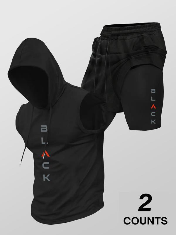 Men’s Sleeveless Hooded Workout Set – Layered Drawstring Shorts Two-Piece Activewear