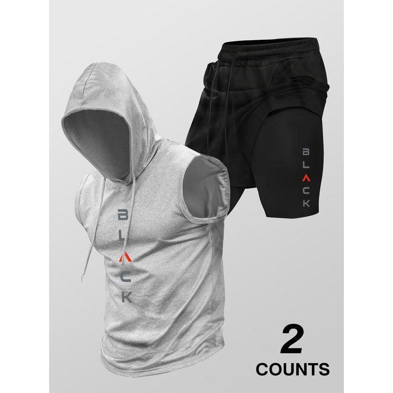 Men’s Sleeveless Hooded Workout Set – Layered Drawstring Shorts Two-Piece Activewear