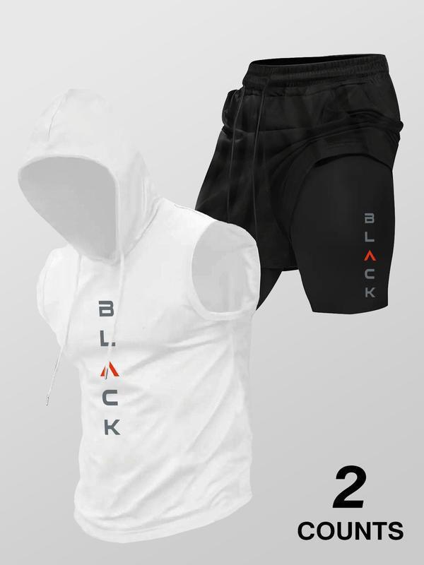 Men’s Sleeveless Hooded Workout Set – Layered Drawstring Shorts Two-Piece Activewear