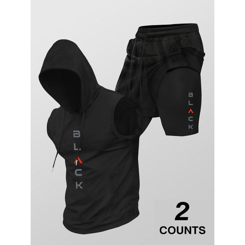 Men’s Sleeveless Hooded Workout Set – Layered Drawstring Shorts Two-Piece Activewear