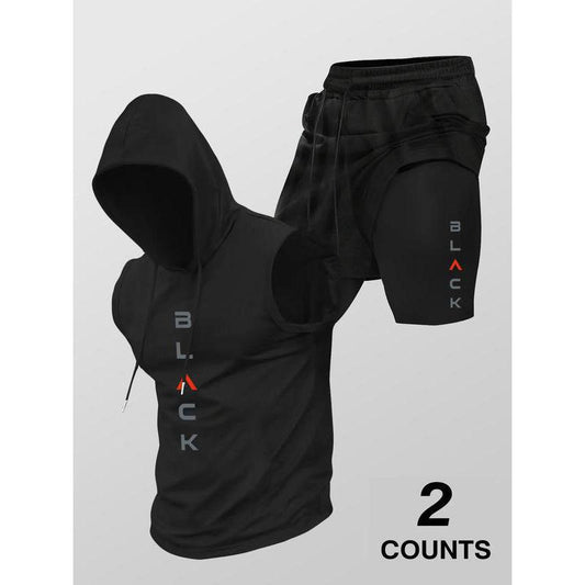 Men’s Sleeveless Hooded Workout Set – Layered Drawstring Shorts Two-Piece Activewear