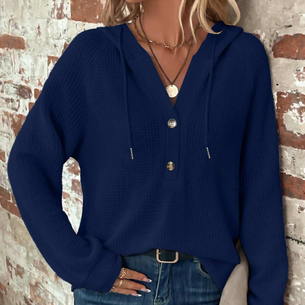 Women's Waffle Knit V-Neck Button Hoodie Top - product image 3