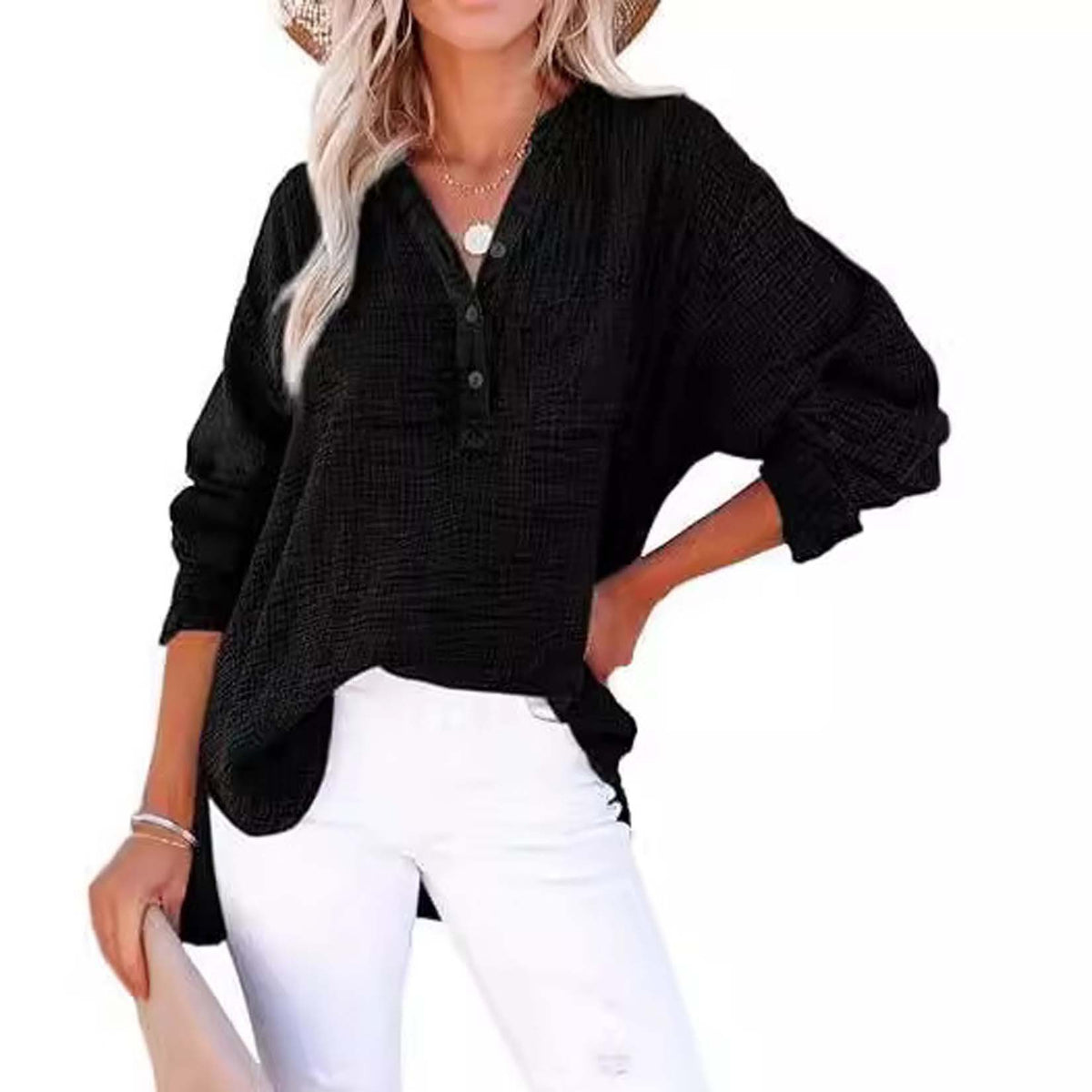 Women's Textured V-Neck Button Long Sleeve Blouse – Relaxed High-Low Fit in Black