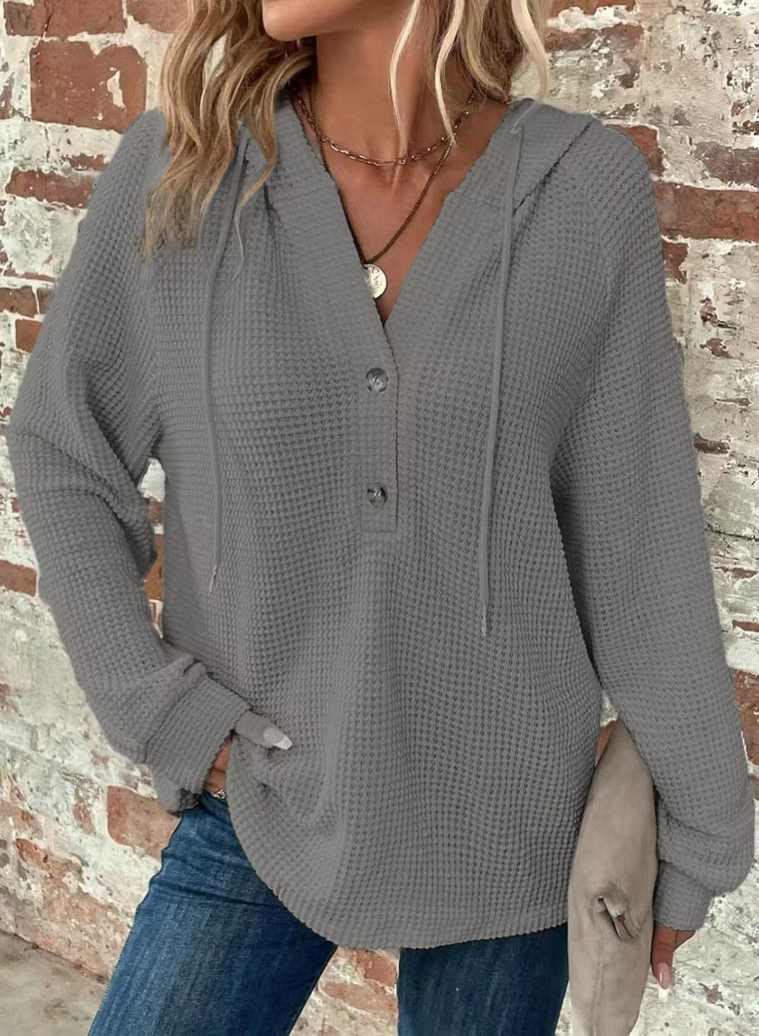 Women's Waffle Knit V-Neck Button Hoodie Top - product image 6