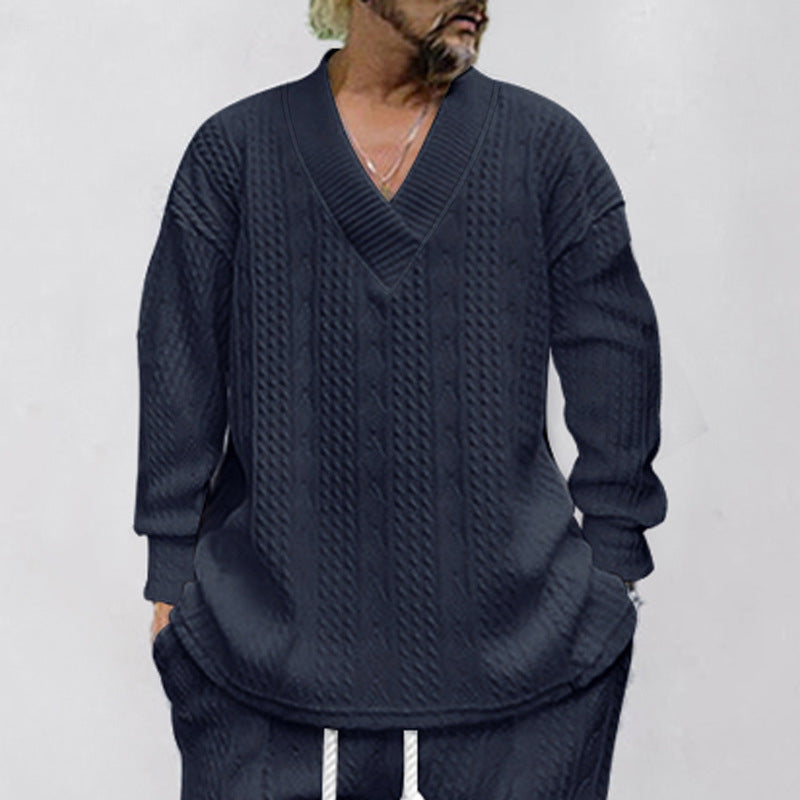 Men's Luxury Cable Knit V-Neck Set – Premium Casual Two Piece Outfit