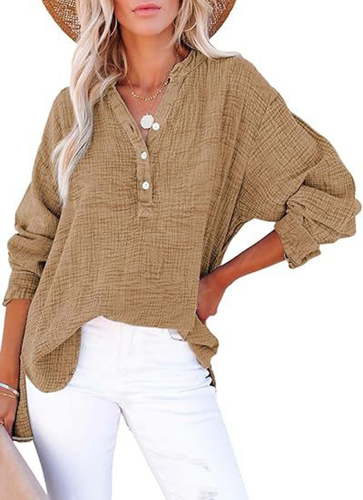 Women's Textured V-Neck Button Long Sleeve Blouse – Relaxed High-Low Fit in Khaki