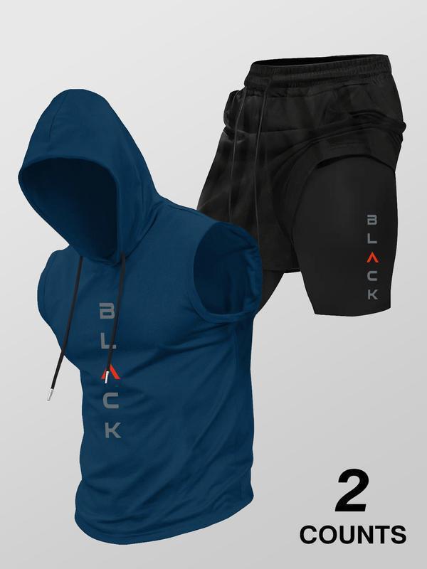 Men’s Sleeveless Hooded Workout Set – Layered Drawstring Shorts Two-Piece Activewear