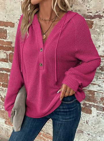 Women's Waffle Knit V-Neck Button Hoodie Top - product image 9