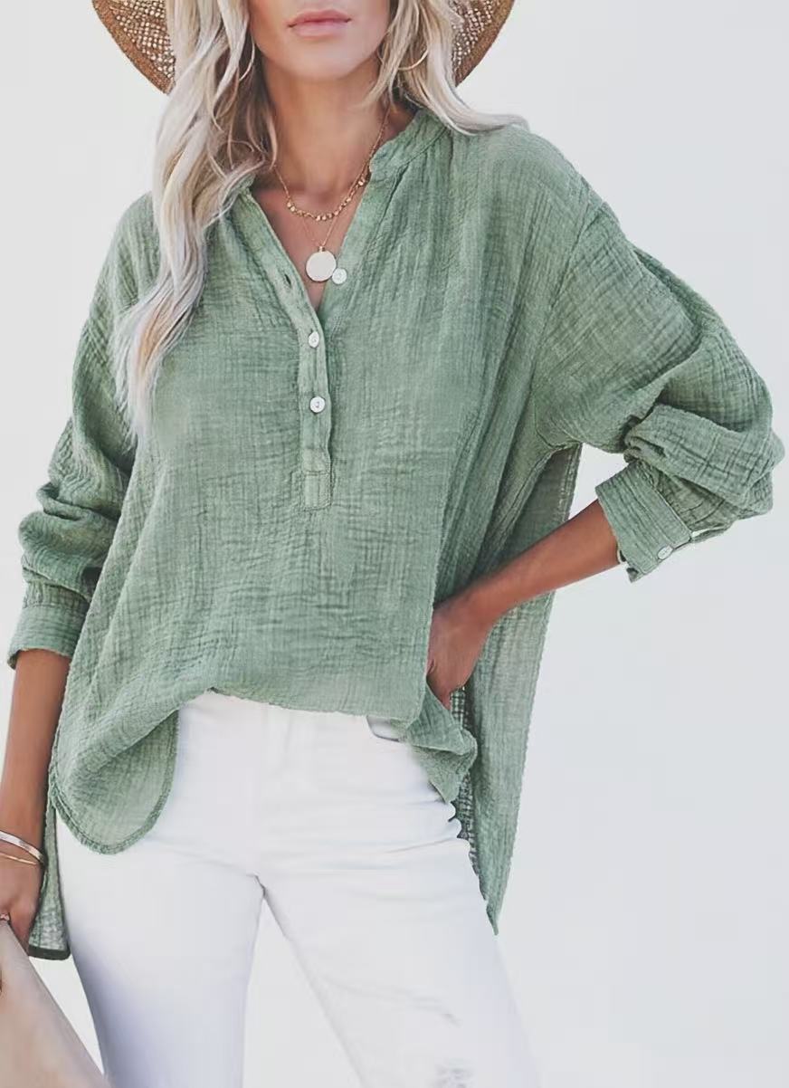 Women's Textured V-Neck Button Long Sleeve Blouse – Relaxed High-Low Fit in Sage Green