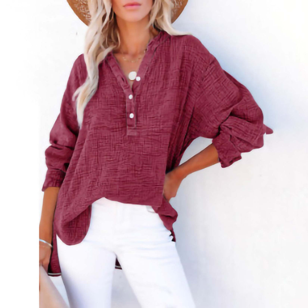 Women's Textured V-Neck Button Long Sleeve Blouse – Relaxed High-Low Fit in Burgundy