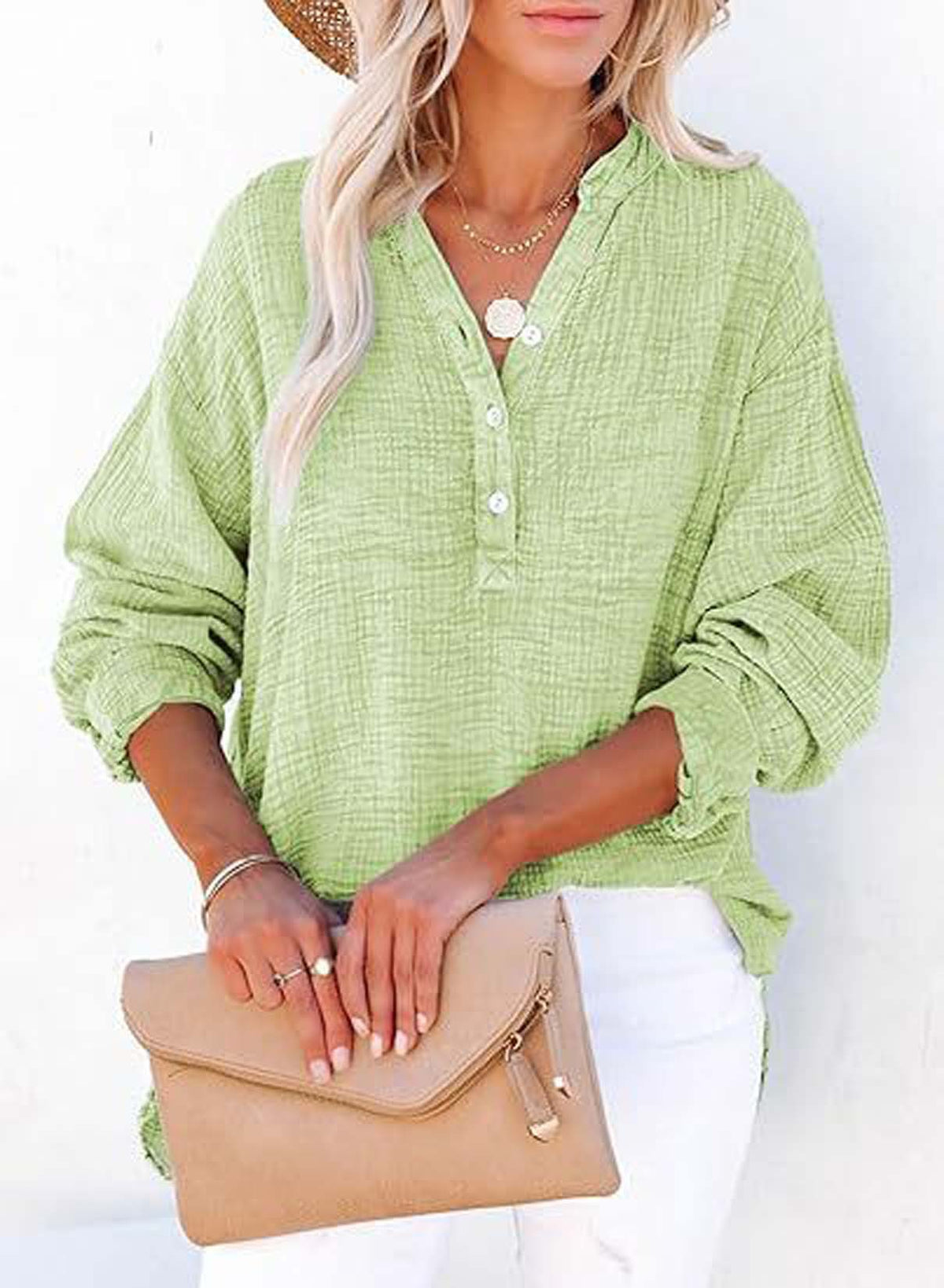 Women's Textured V-Neck Button Long Sleeve Blouse – Relaxed High-Low Fit in Light Green